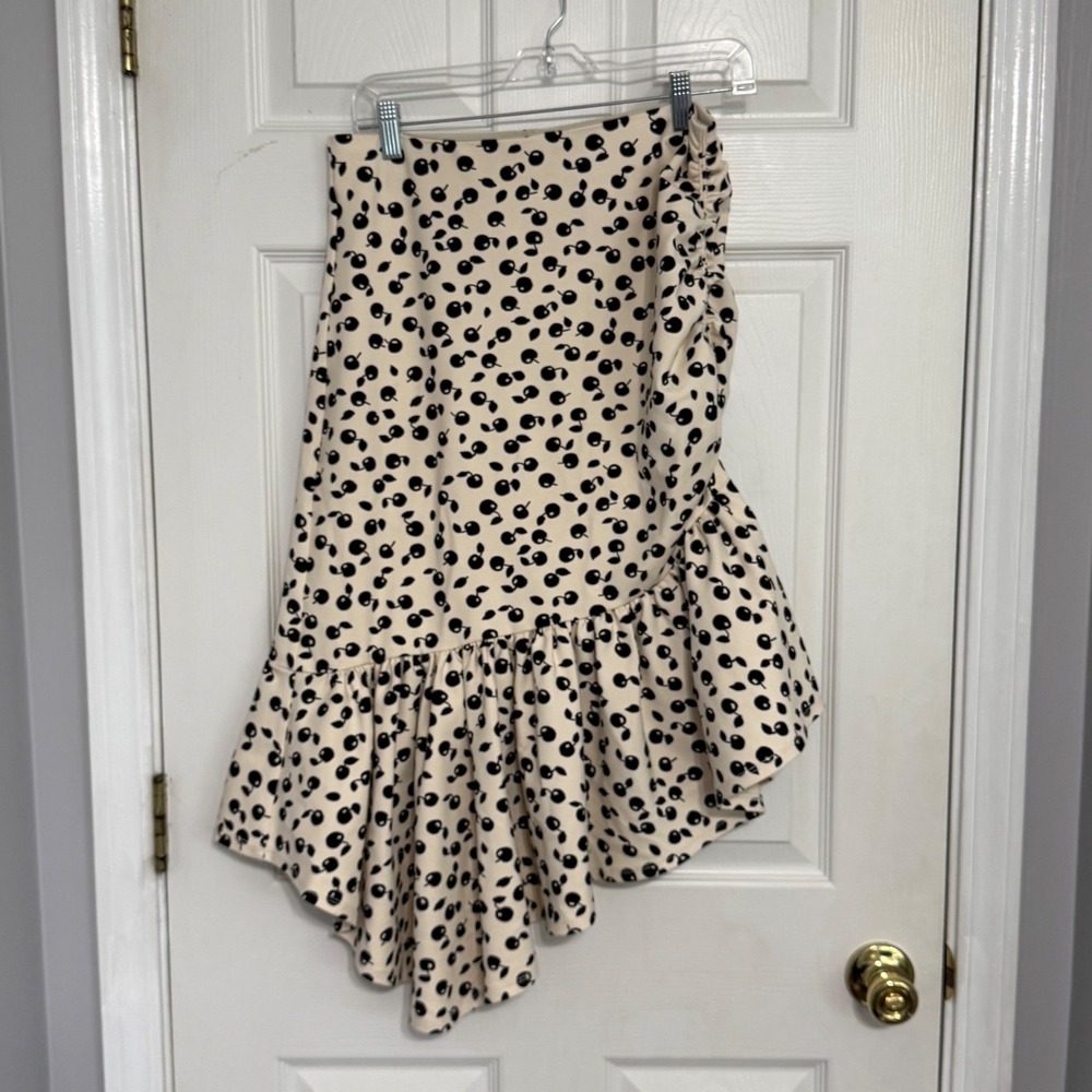 Maeve by Anthropologie Cherry Print High-Low Ruffle Midi Skirt Med Romantic